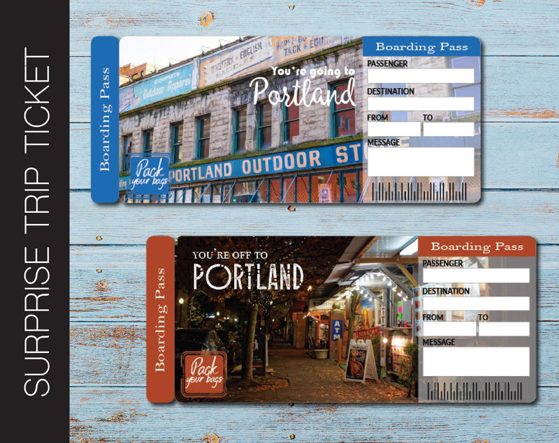 Printable Portland Surprise Trip Gift Boarding Pass - Kaci Bella Designs