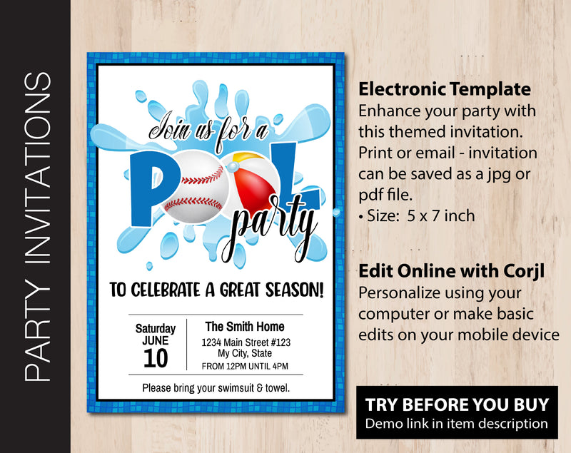 Editable Baseball Pool Party Invitation