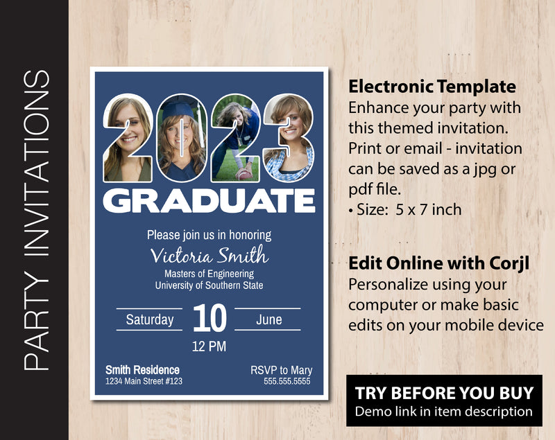 Graduation Party Invitation (Choose School Color with White Accent)