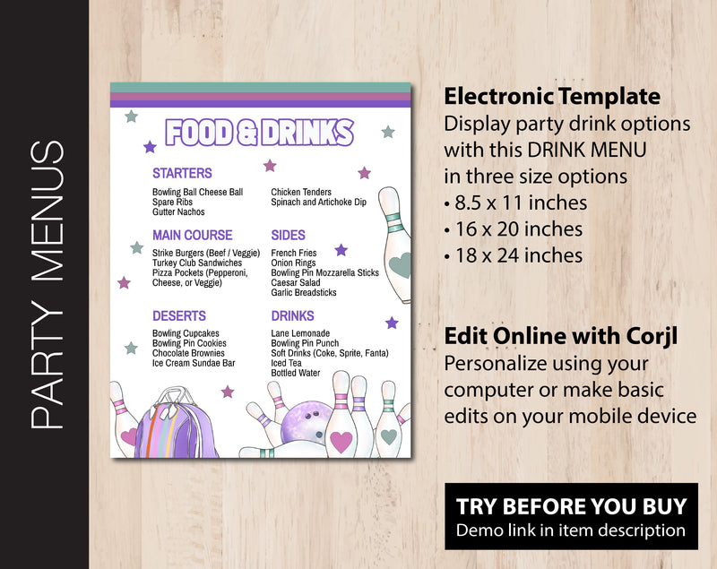 Retro Bowling Birthday Party Menus (B056)