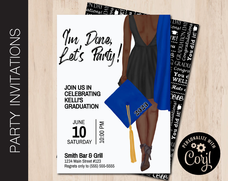 Editable Dark Skinned Graduation Party Invitation in 7 Gap & Gown Colors