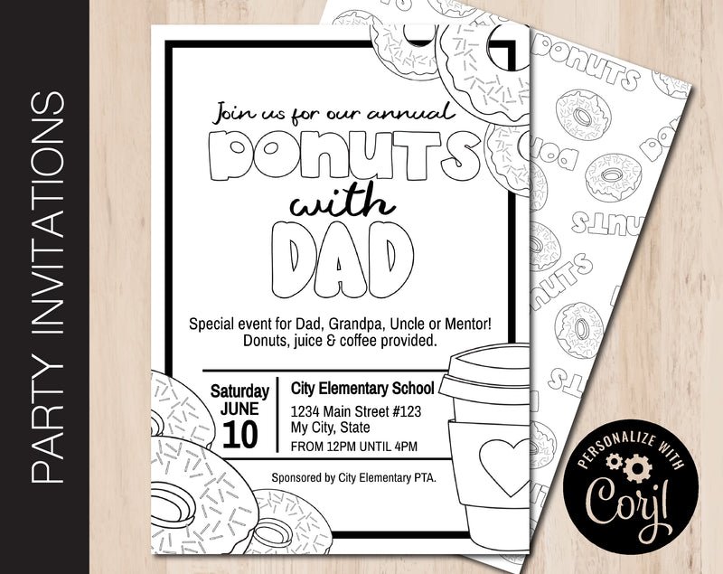 Editable Color Me Donuts with Dad Party Invitation