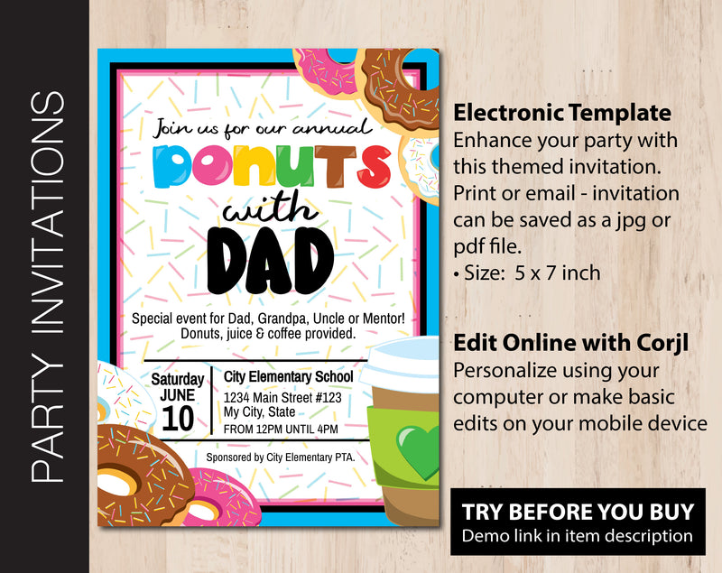 Editable Donuts with Dad Party Invitation