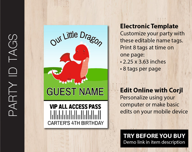 Medieval Times Dragon Birthday Party ID Tags (B267)