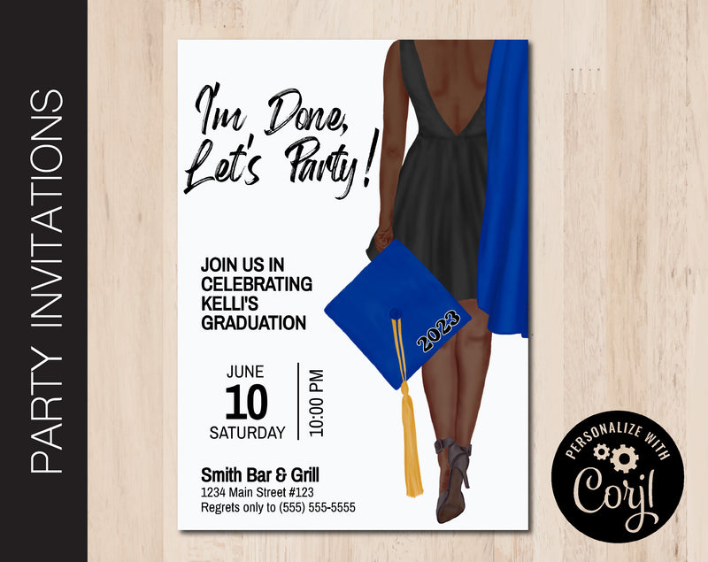 Editable Dark Skinned Graduation Party Invitation in 7 Gap & Gown Colors