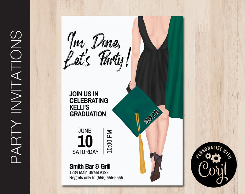 Editable Light Skinned Graduation Party Invitation in 7 Gap & Gown Colors