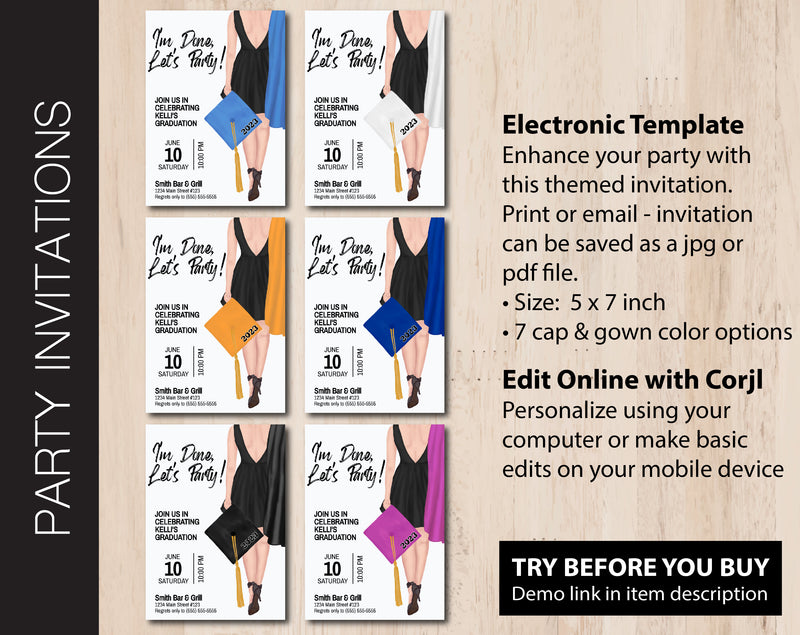 Editable Light Skinned Graduation Party Invitation in 7 Gap & Gown Colors