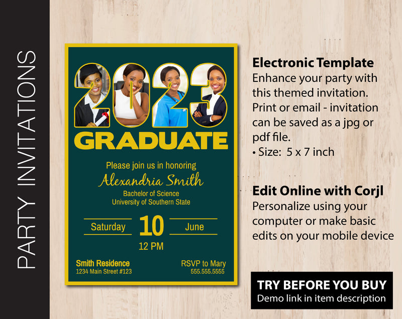 Editable Graduation Party Invitation (Choose School Color with Gold Accent)