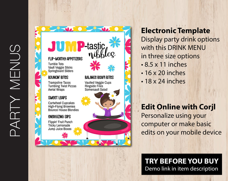 Jump Tumble & Play Birthday Party Menus (B249)