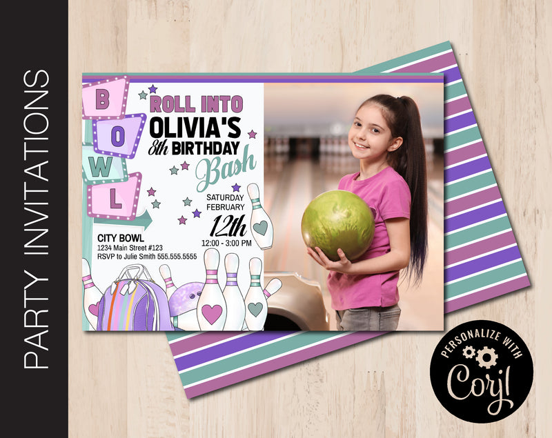 Editable Bowling Themed Party Invitation with Photo