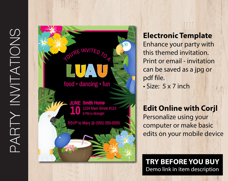 Editable Luau Party Invitation