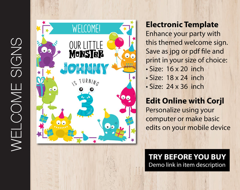 Little Monsters Birthday Party Welcome Sign (B251)