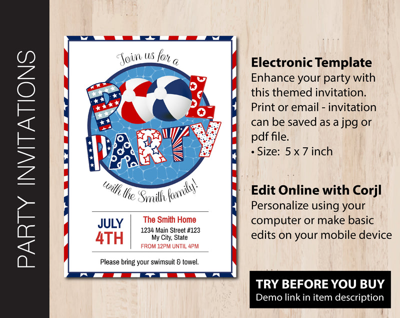 Editable Patriotic Pool Party Invitation