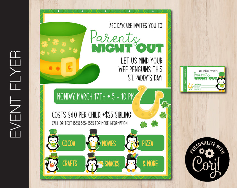 St. Patty's Penguins Themed Parents Night Out Flyer (F082)