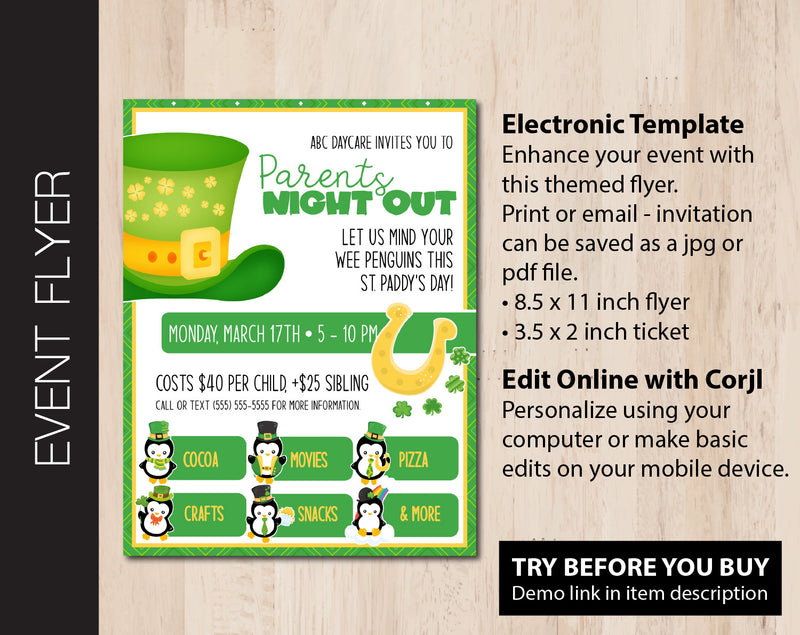 St. Patty's Penguins Themed Parents Night Out Flyer (F082)