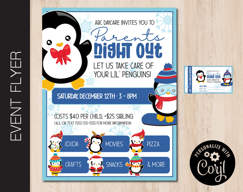 Winter Penguin Themed Parents Night Out Flyer (F075)
