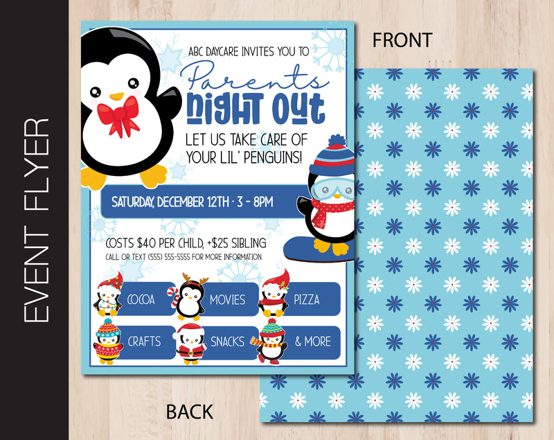 Winter Penguin Themed Parents Night Out Flyer (F075)