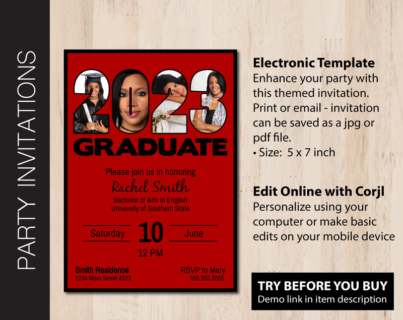 Graduation Party Invitation (Choose School Color with Black Accent)