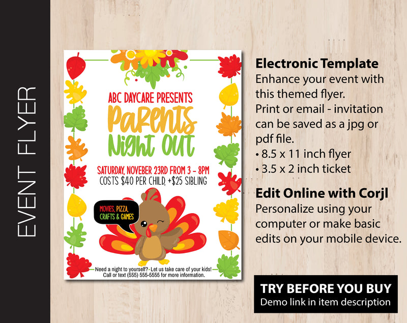 Turkey Themed Parents Night Out Flyer (F074)