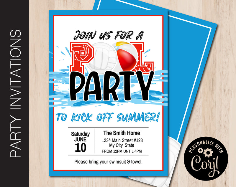 Editable Volleyball Pool Party Invitation
