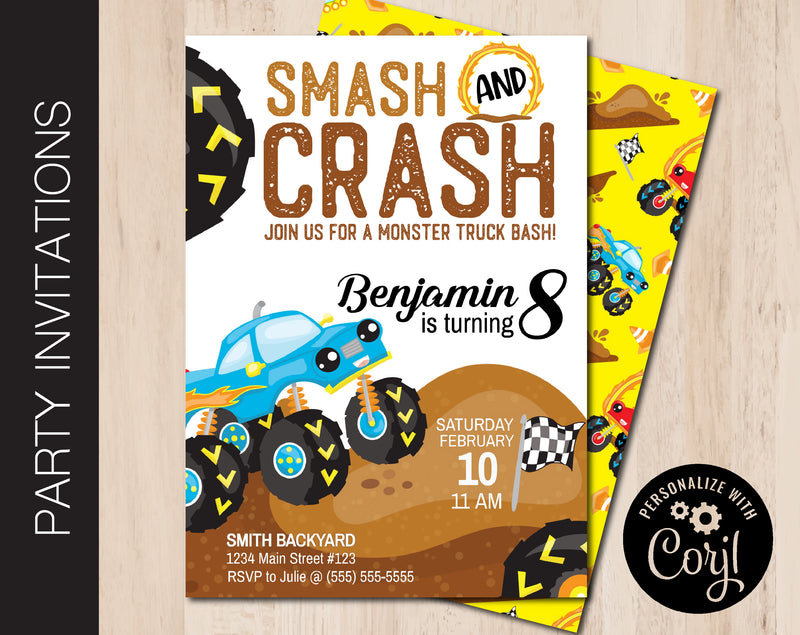 Editable Monster Truck Themed Party Invitation