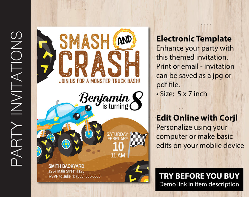Editable Monster Truck Themed Party Invitation