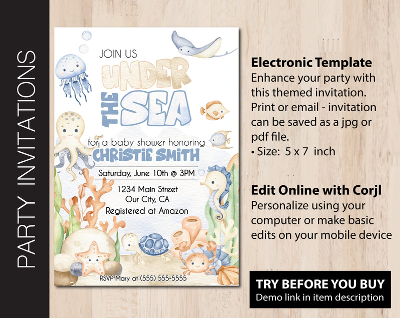 Editable Under the Sea Baby Shower Party Invitation