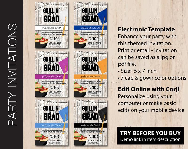 Editable Graduation Party Invitation in 7 Cap Colors
