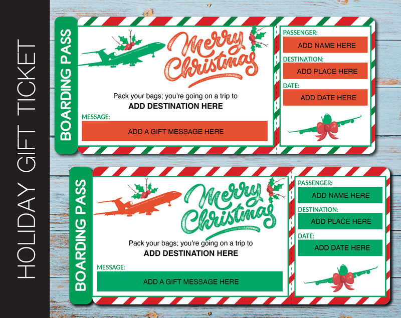 Holiday Themed Airplane Surprise Trip Gift Reveal Boarding Pass - Kaci Bella Designs