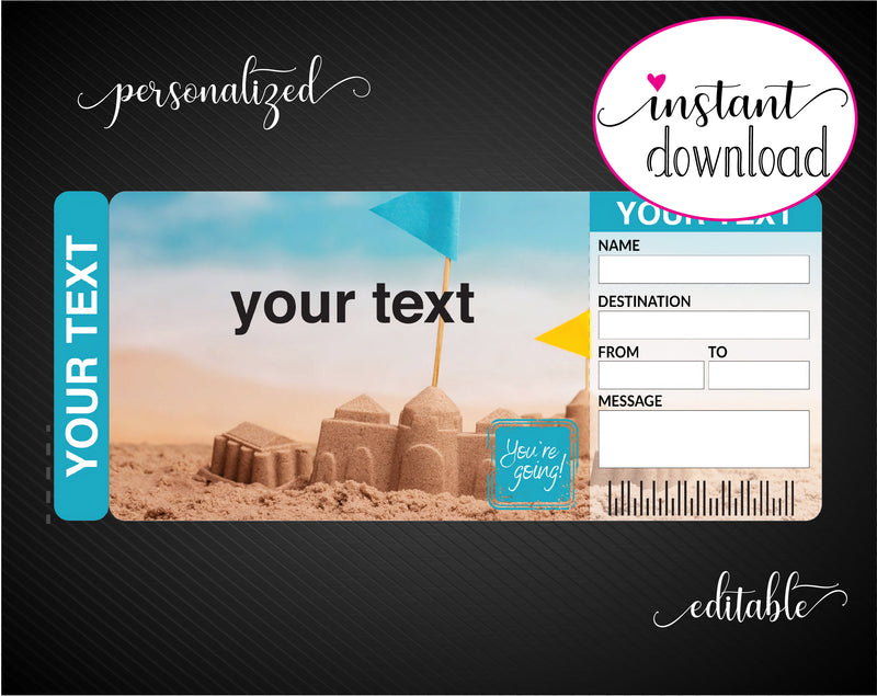 Printable Beach Trip Surprise Gift Reveal Ticket - Kaci Bella Designs