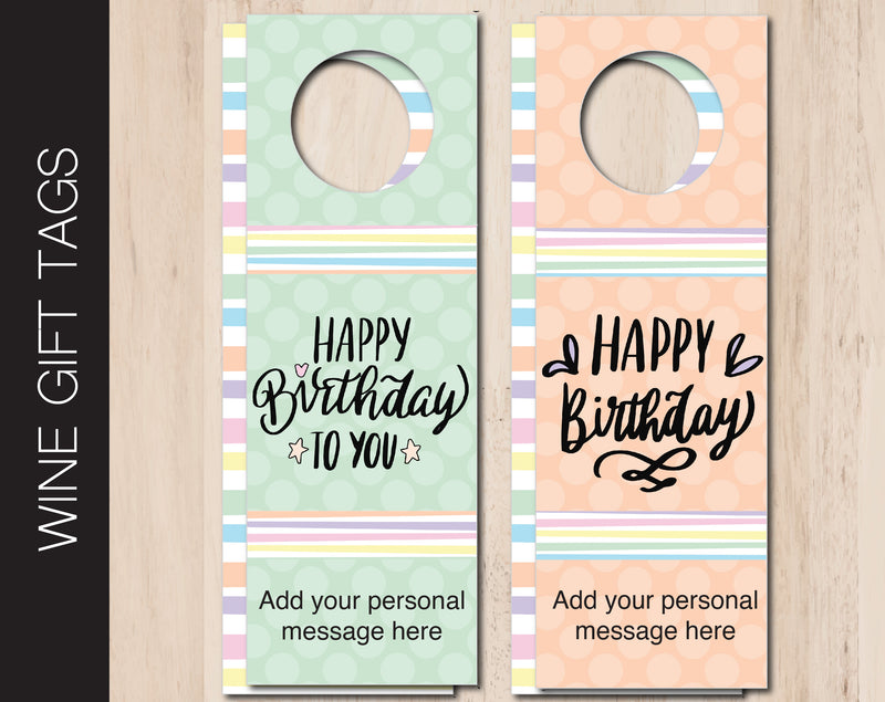 Printable Birthday Themed Personalized Double-Sided Wine Bottle Gift Tags - Kaci Bella Designs