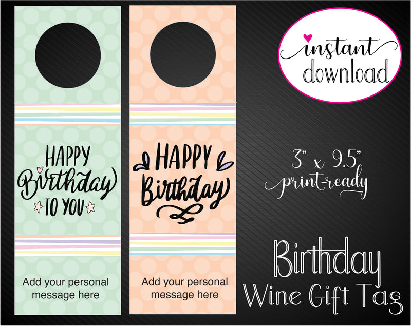 Printable Birthday Themed Personalized Double-Sided Wine Bottle Gift Tags - Kaci Bella Designs