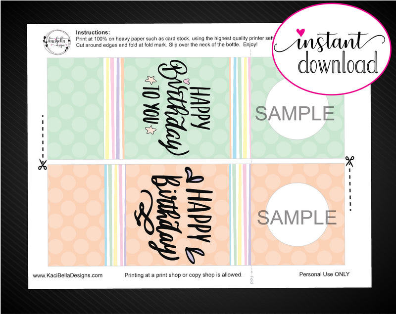 Printable Birthday Themed Personalized Double-Sided Wine Bottle Gift Tags - Kaci Bella Designs
