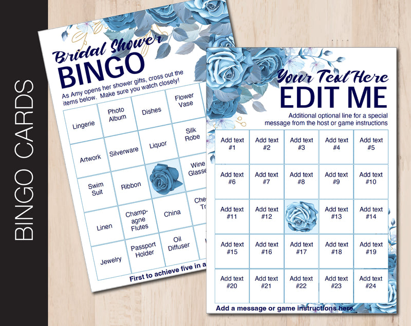 Blue Roses Themed Bingo Cards with All Editable Text
