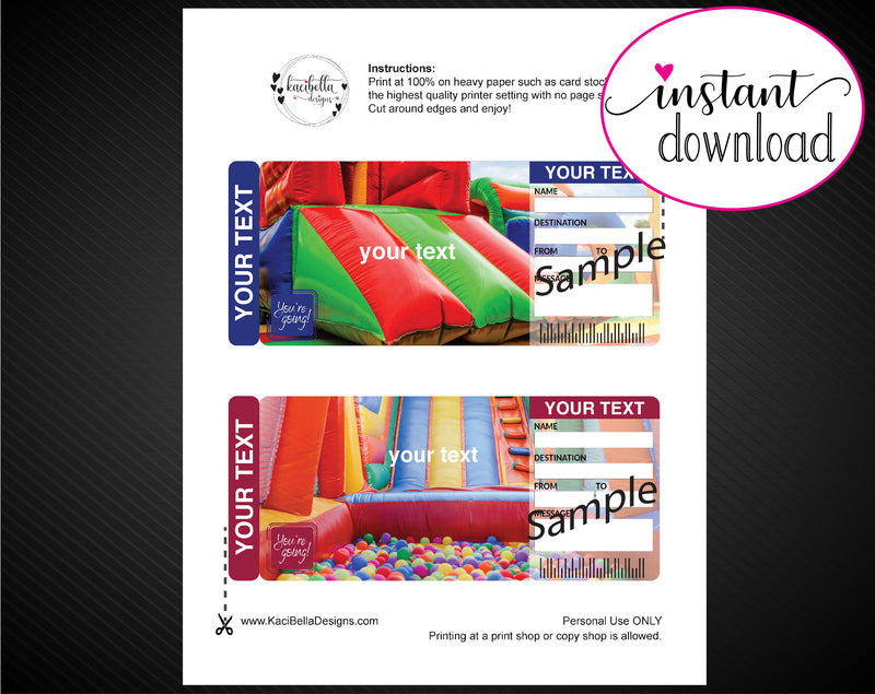 Printable Bounce House Surprise Gift Reveal Ticket - Kaci Bella Designs