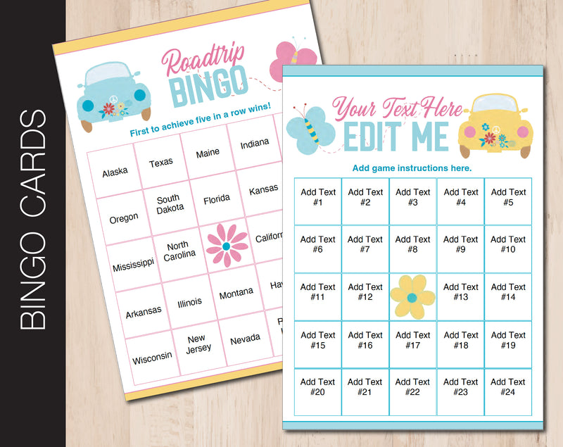 70s Themed Bingo Cards with All Editable Text - Kaci Bella Designs