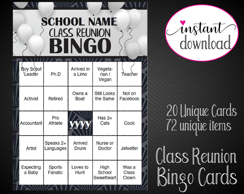 Printable Class Reunion Editable Bingo Cards - Kaci Bella Designs