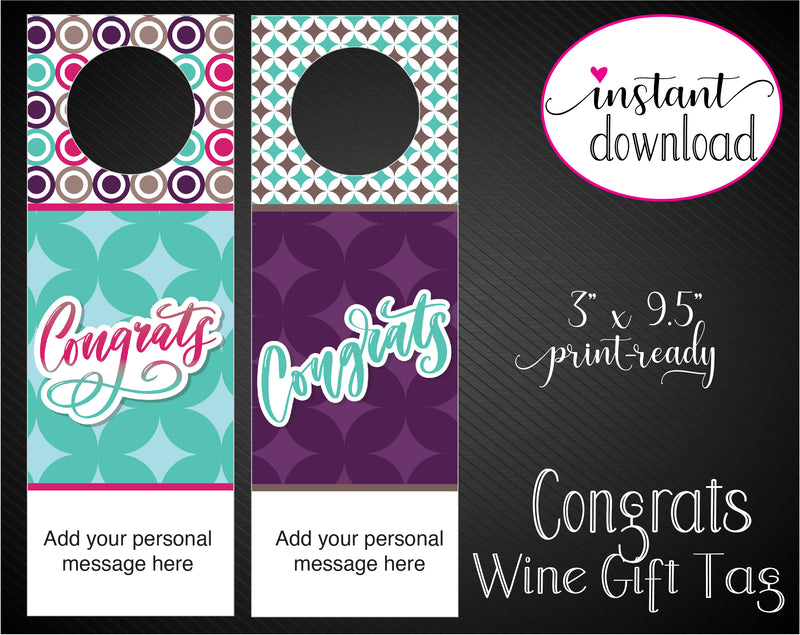 Printable Congratulations Personalized Wine Gift Tags - Kaci Bella Designs