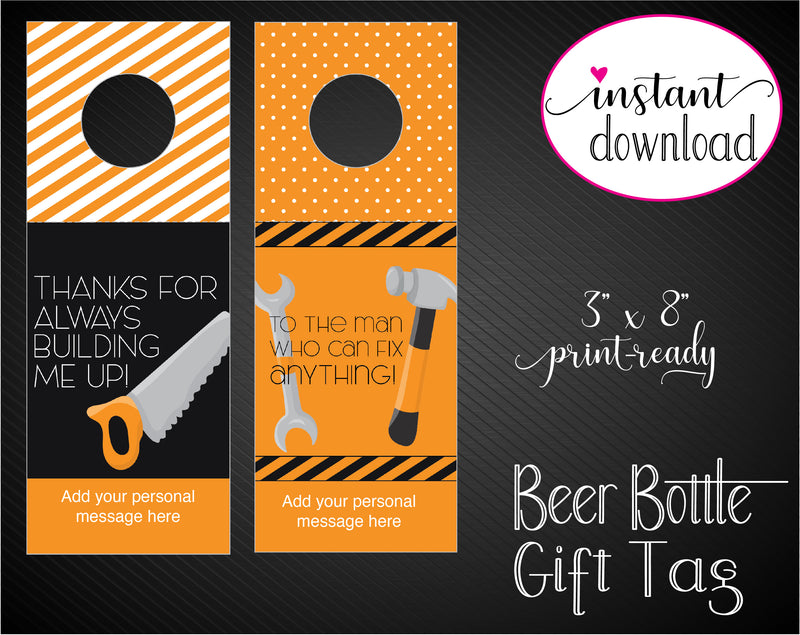 Printable Tools Themed Beer Bottle Personalized Gift Tags - Kaci Bella Designs