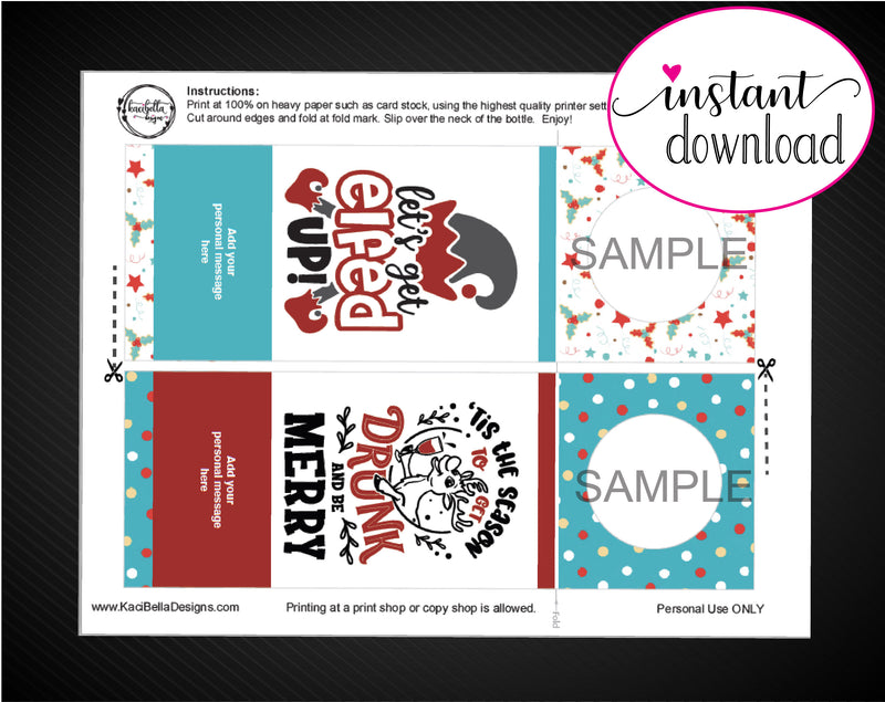 Printable Christmas Themed Personalized Double-Sided Wine Bottle Gift Tags - Kaci Bella Designs