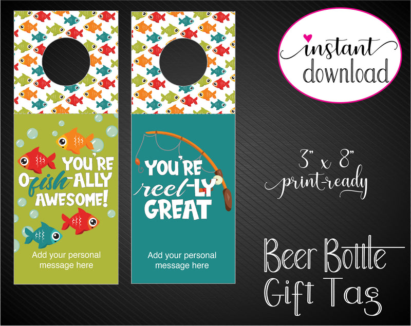 Printable Fish Themed Beer Bottle Personalized Gift Tags - Kaci Bella Designs