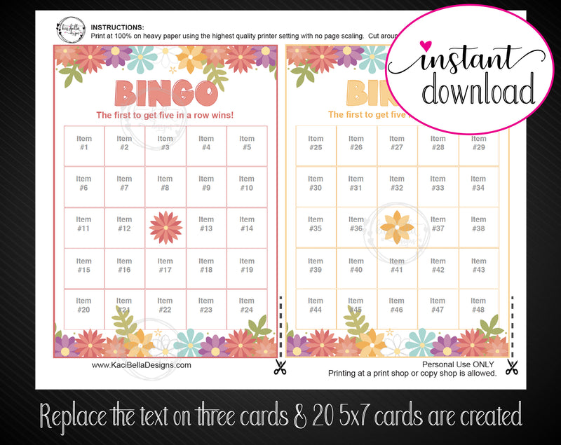 Printable Flower Themed Editable Bingo Cards - Kaci Bella Designs