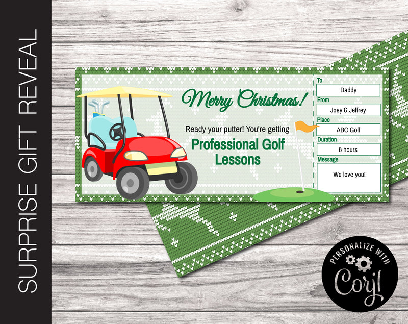 Editable GOLF LESSONS Surprise Gift Reveal Coupon - Kaci Bella Designs