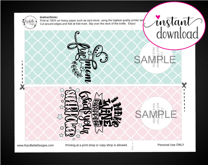 Printable Super Mom Personalized Double-Sided Wine Bottle Gift Tags - Kaci Bella Designs