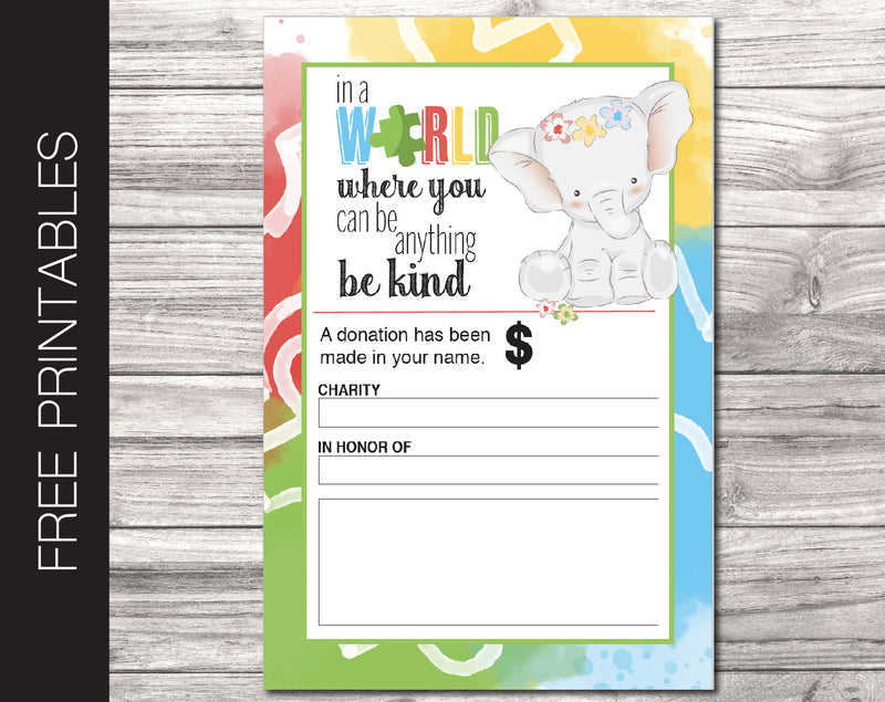 Free Printable Autism Charity Donation Gift Card - Kaci Bella Designs