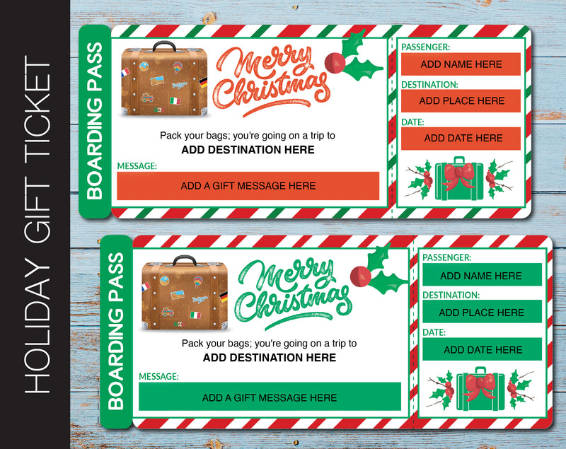 Holiday Themed Surprise Suitcase Trip Gift Reveal Boarding Pass - Kaci Bella Designs