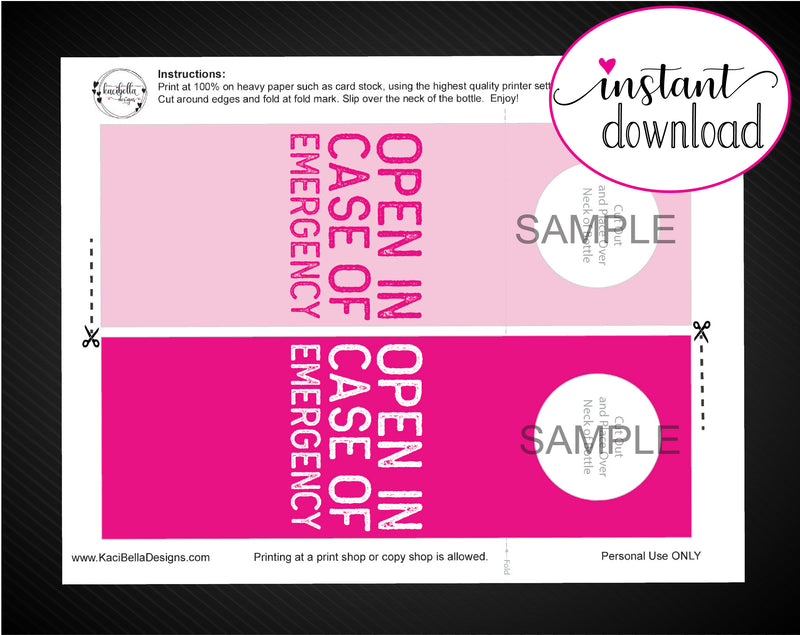 Printable Open In Case of Emergency Personalized Wine Gift Tags - Kaci Bella Designs