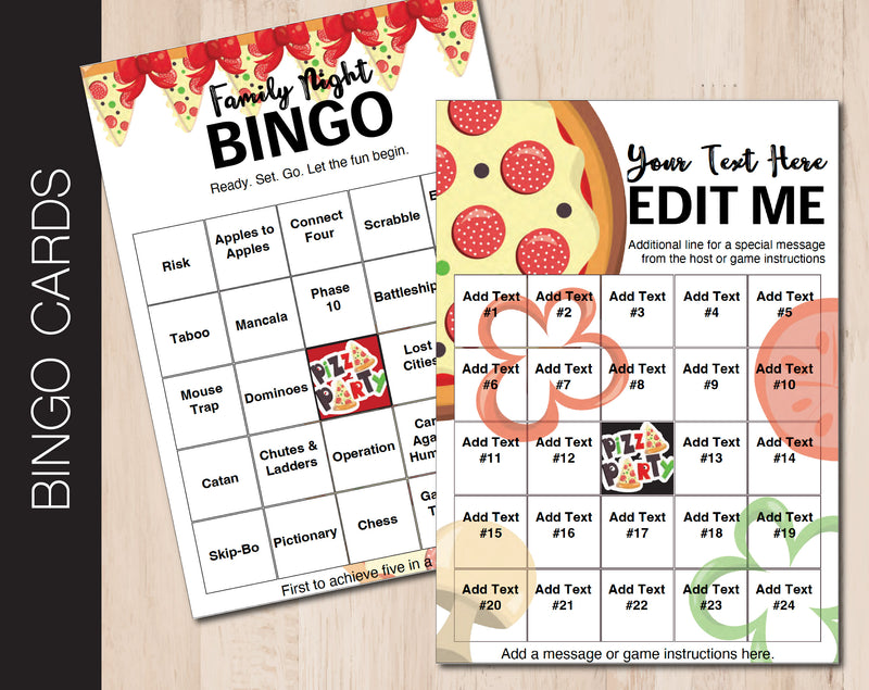 Pizza Themed Bingo Cards with All Editable Text - Kaci Bella Designs
