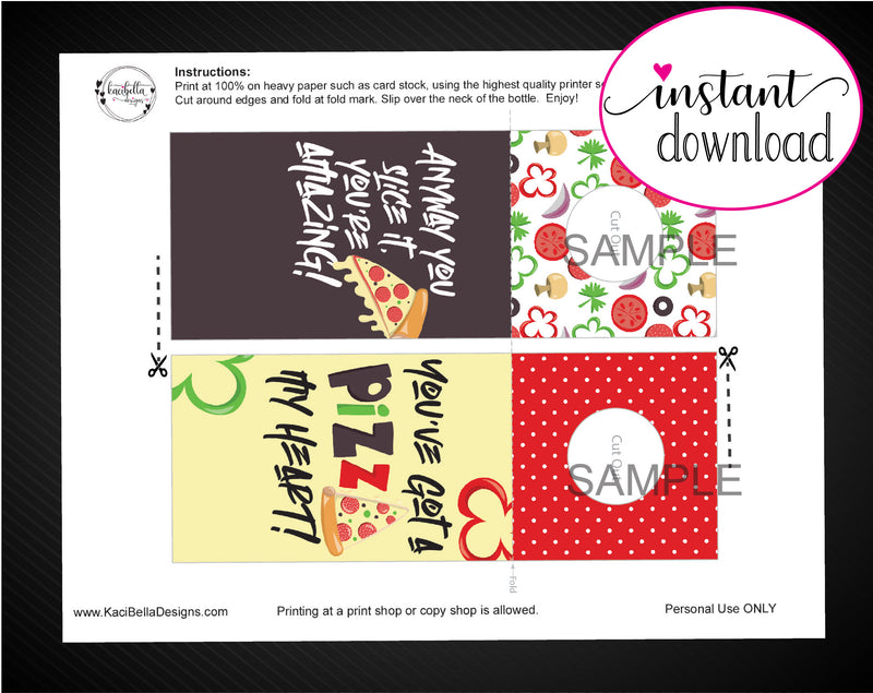 Printable Pizza Themed Beer Bottle Personalized Gift Tags - Kaci Bella Designs