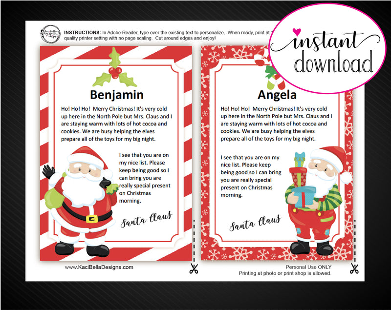 Printable Santa Claus Personalized Letters - Kaci Bella Designs